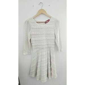 Akira Cream Knit Fit & Flare Dress Cable Knit 3/4 Sleeve Round Neck Size M